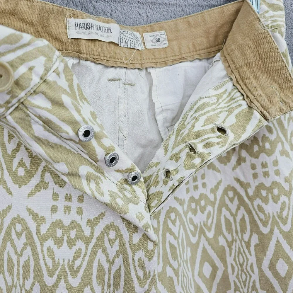 Parish Nation Mens Bermuda Shorts 38 Tan Cream Ikat Print Button Fly Retro 90s
